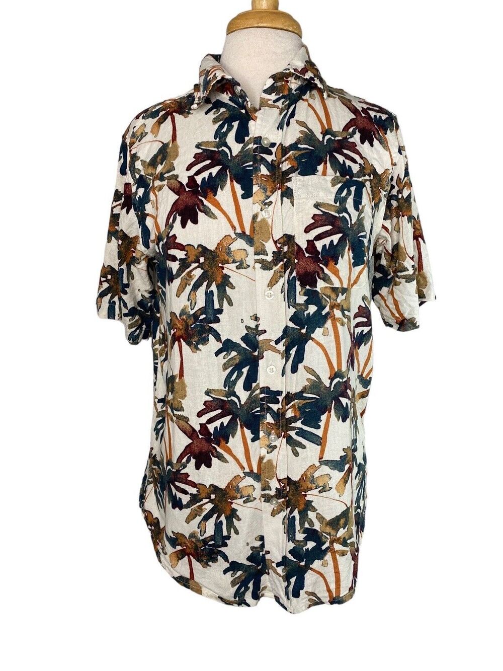 NATURALS D&CO Tropical Linen Blend Button Up Shirt Size XS US Short Sleeve